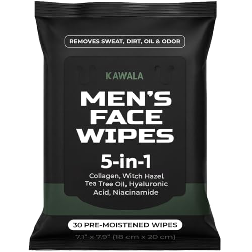 Face Wipes for Mens 5-in-1 Anti-Aging Facial Cleansing Sweat Wipes for Skin Care with Collagen, Witch Hazel, Tea Tree Oil, Hyaluronic Acid, Niacinamide for Oily or Acne-Prone Skin Woodsy Scent
