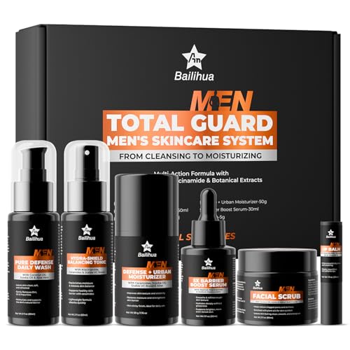 Gift for Men Skincare Men's Skin Care Facial Kit Complete Routine Kit with Niacinamide & Ceramides - Face Cleanser, Scrub, Toner, Serum, Moisturizer Cream, Lip Balm - Christmas, Valentine's Day Gifts